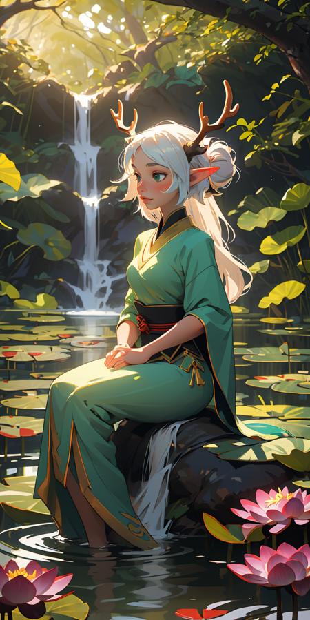 01599-4045089706-(masterpiece, best quality), 1girl, elf, misty forest, sitting, in water, waterfall, deer antlers, lotus, looking away, blurry f.png
